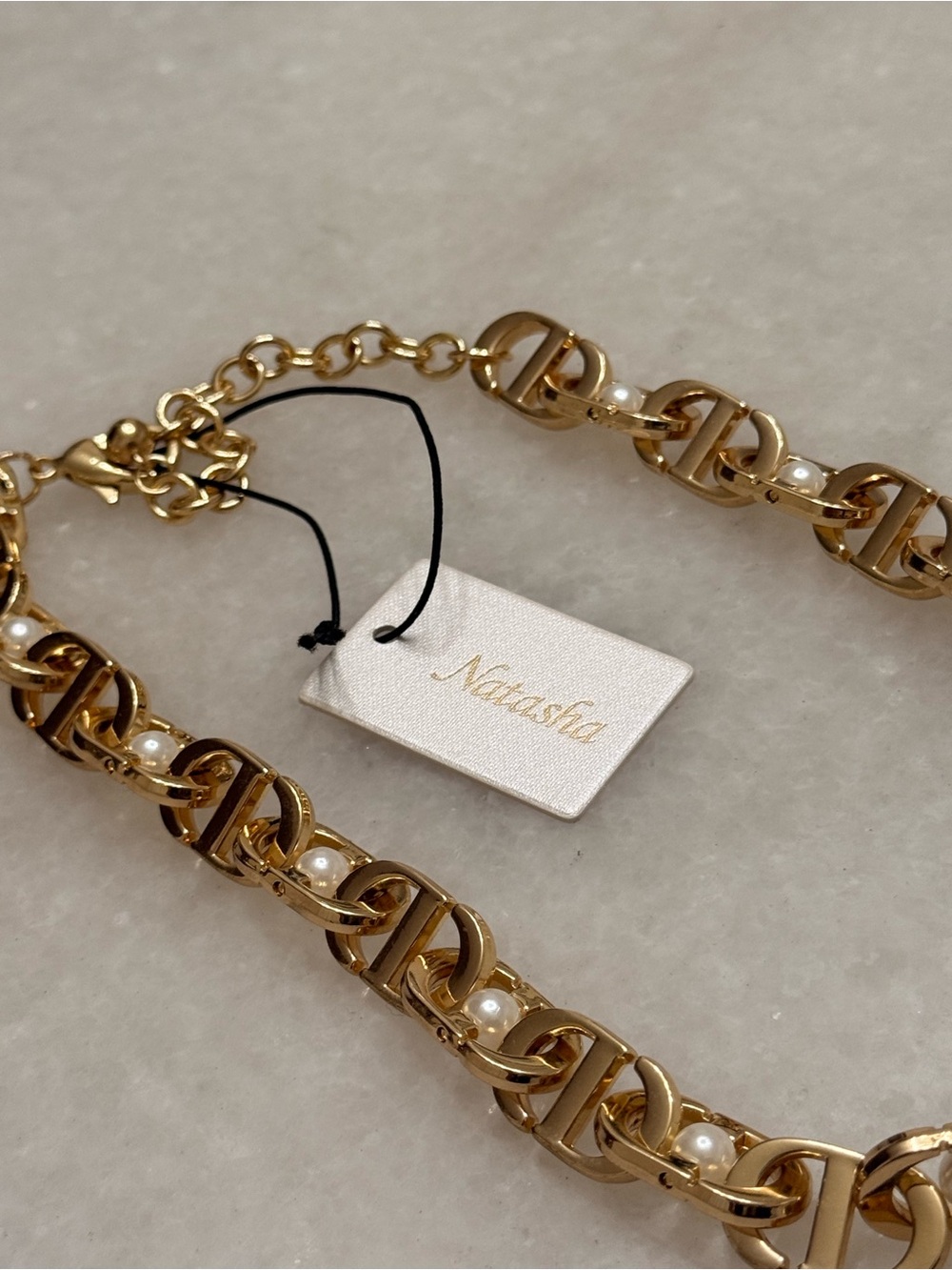 Natasha Couture Gold Chain Necklace with Pearl Inlays